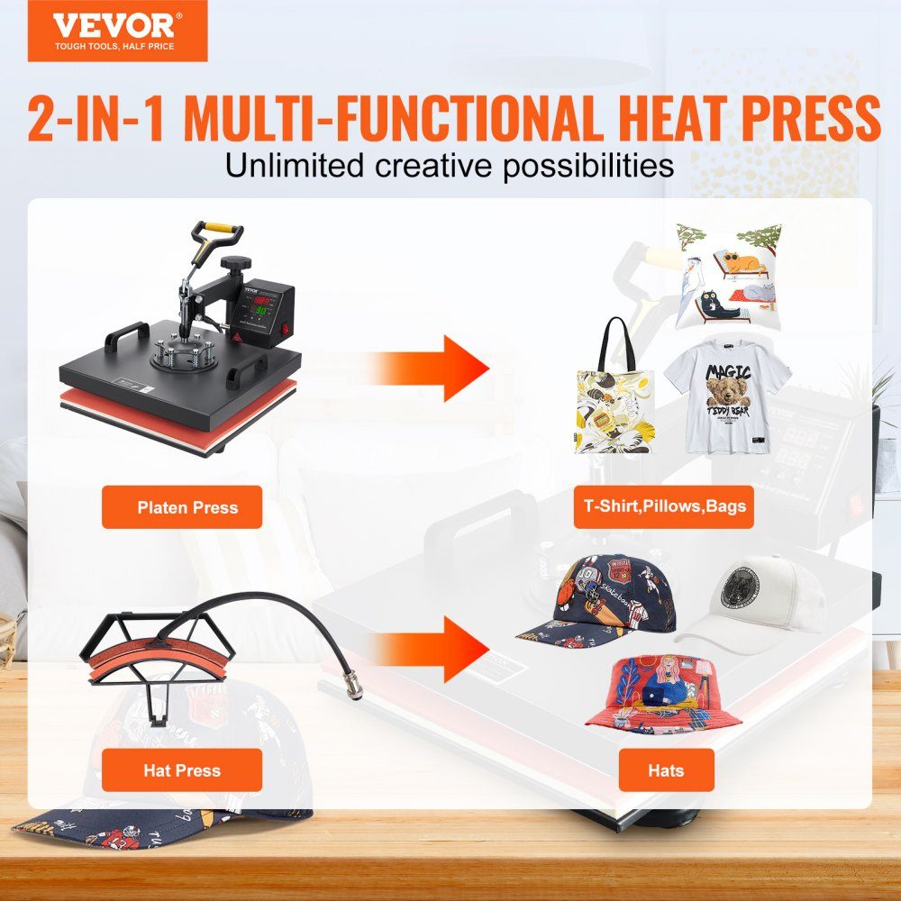 Transfer press 38 x 38 cm, transfer press 220 V, transfer press 1200 W, textile press 14 x 7.6 cm, shirt press max. 250 °C, sublimation press, hobby T-shirt press
