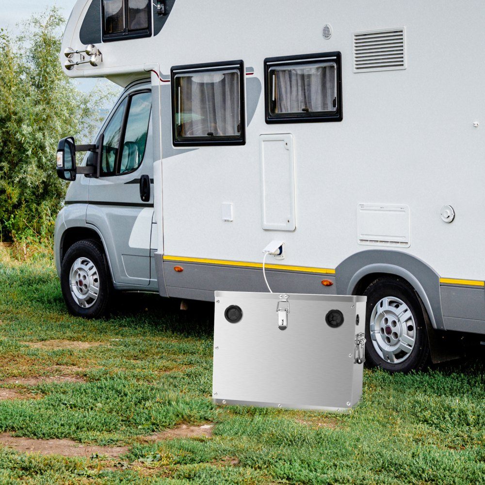 Accubak, groep 24/31 accubak, scheepsaccubak met slot, handgrepen en rubberen doorvoertule kabelgaten, RVS behuizing, geschikt voor auto's, boten en trollingmotoren