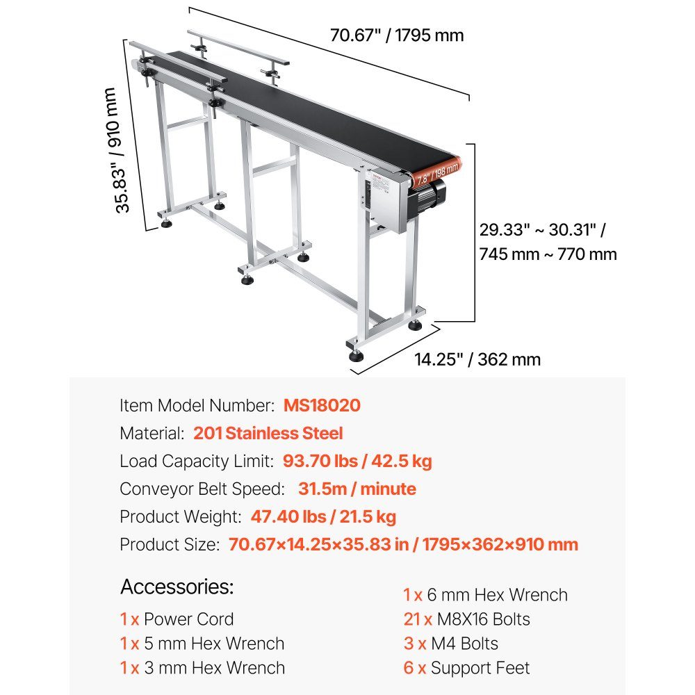 Belt Conveyor, 1803.4 x 198.1mm Conveyor Table, Motorized Stainless Steel Belt Conveyor for Inkjet Coding Applications, Powered PVC Belt, Adjustable Speed ​​(Double Guardrail)