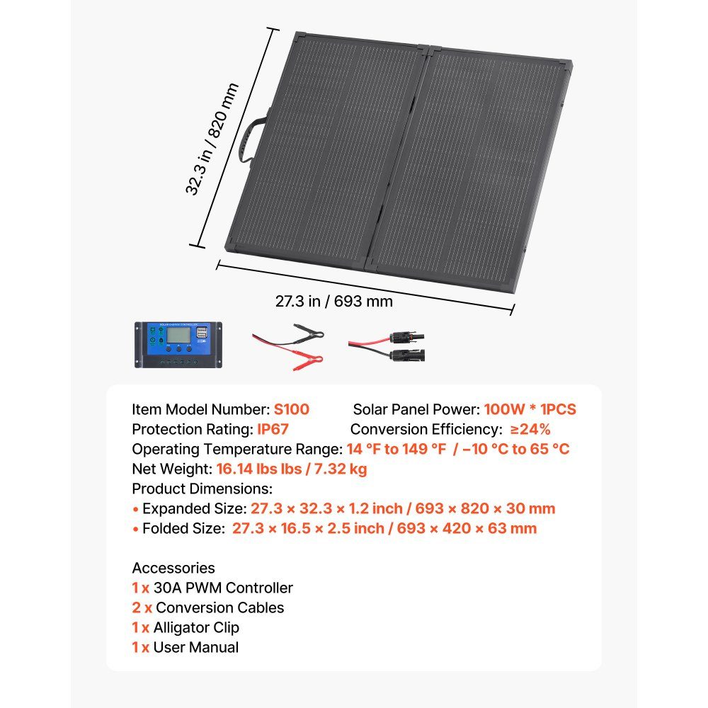 Panneau solaire pliable 100 W 16BB Type N Panneau solaire monocristallin portable avec cadre 24 % d'efficacité Chargeur IP67 avec contrôleur PWM 30 A et sortie MC4 pour camping randonnée
