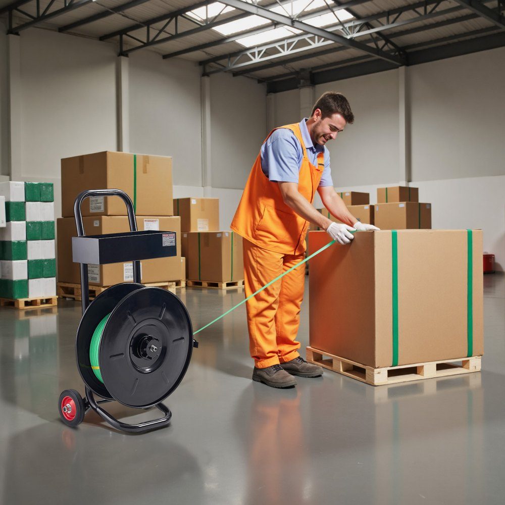 Dispenser, suitable for PET/PP/polyester strapping rolls with 203 mm core size, strapping dispenser with improved braking system, integrated spacious storage space for tools