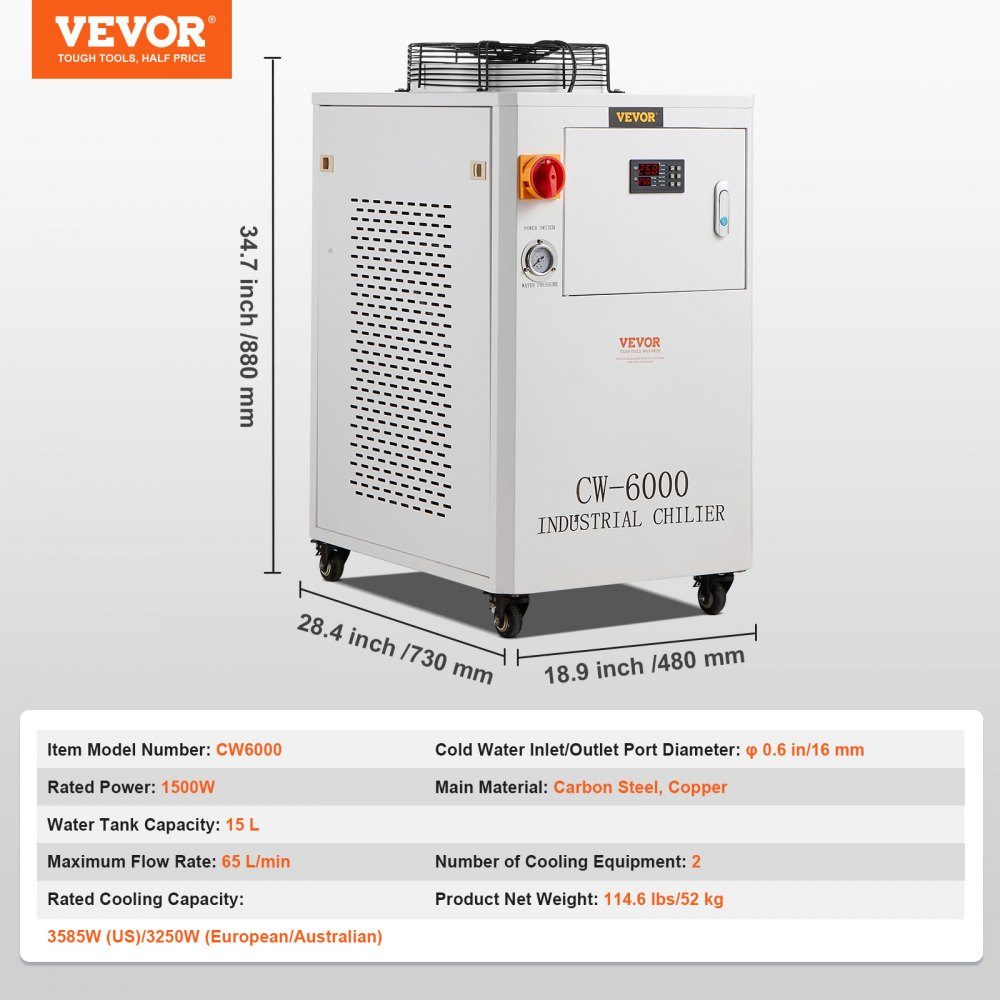 Industrial Water Chiller, CW6000, 1500W Water Chiller Cooling System with Compressor, 15L Water Tank Capacity, 65L/min Maximum Flow Rate, for CO2 Laser Engraving Machine Cooling Machine