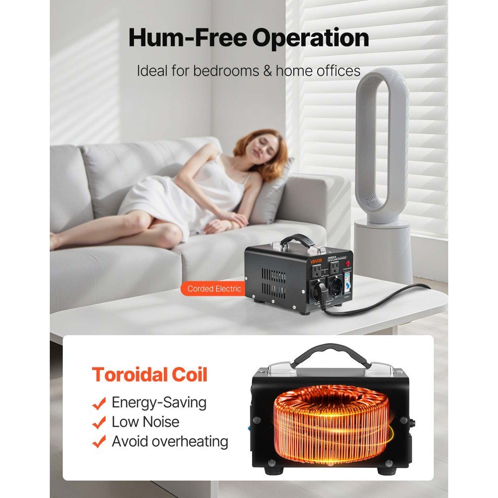 Voltage Converter Transformer, 1500VA step-up/step-down power transformer, 110V to 220V and 220V to 110V conversion, with US and EU sockets, power cord, circuit breaker