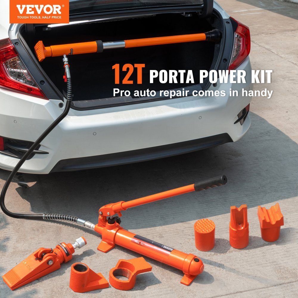 Hydraulic Cylinder Set, 12T Portable Hydraulic Jack with 1.4m Oil Hose, Body Frame Repair Kit with Storage Case for Car Repair Truck Farm Orange