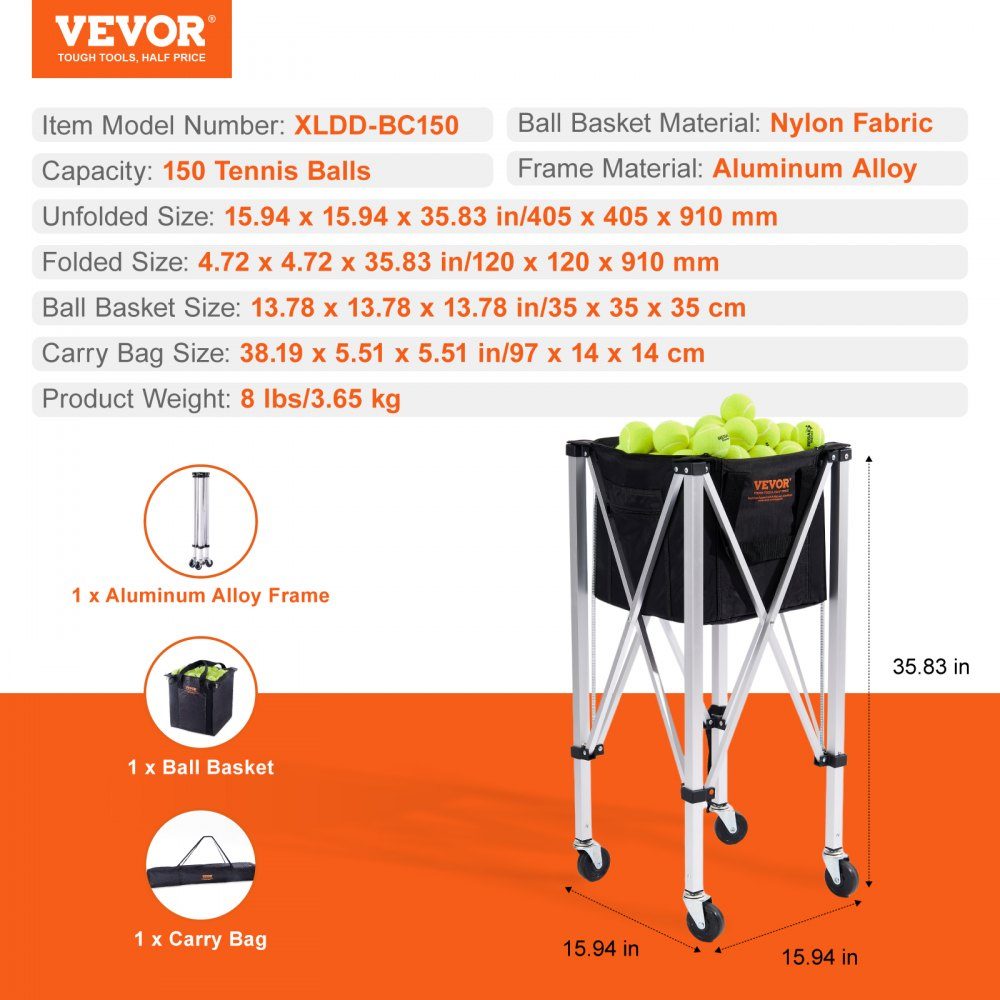 Conteneur de balles de tennis pliable, peut contenir 150 balles de tennis, chariot léger en alliage d'aluminium avec roulettes, sac amovible, sac de transport, chariot d'éducation physique portable pour joueurs de tennis