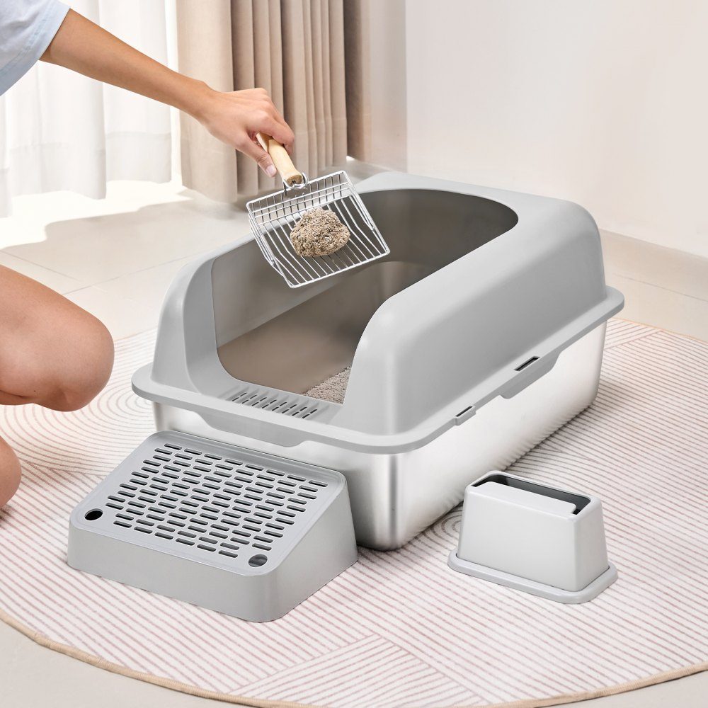 Litter Box 6" Deep XL Extra Large Stainless Steel Litter Box with Scoop Wide Filter Base and High Sides Closed Odor Free Easy Clean Litter Box Suitable for Large Cats