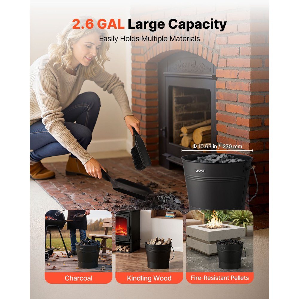 Ash bucket with lid, 4 parts. Set with coal bucket, shovel, broom and gloves, fireplace coal bucket and metal ash container, 9.8 liter capacity for fireplaces, fire pits, wood stoves