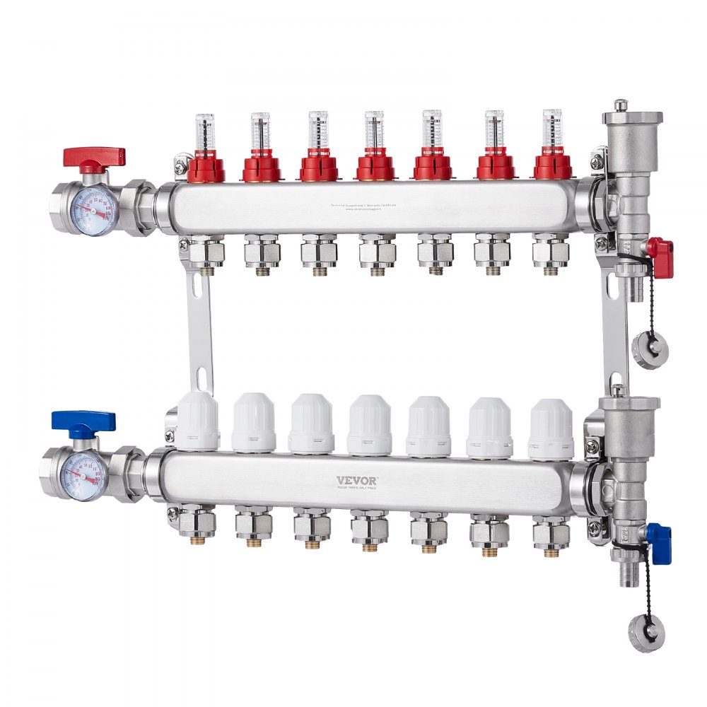 7 Branch Heat Distribution Manifold, 1/2" PEX Pipe Manifold, Stainless Steel PEX Manifold for Hydronic Underfloor Heating, Heat Distribution PEX Manifold Kit with 1/2" Adapters Included