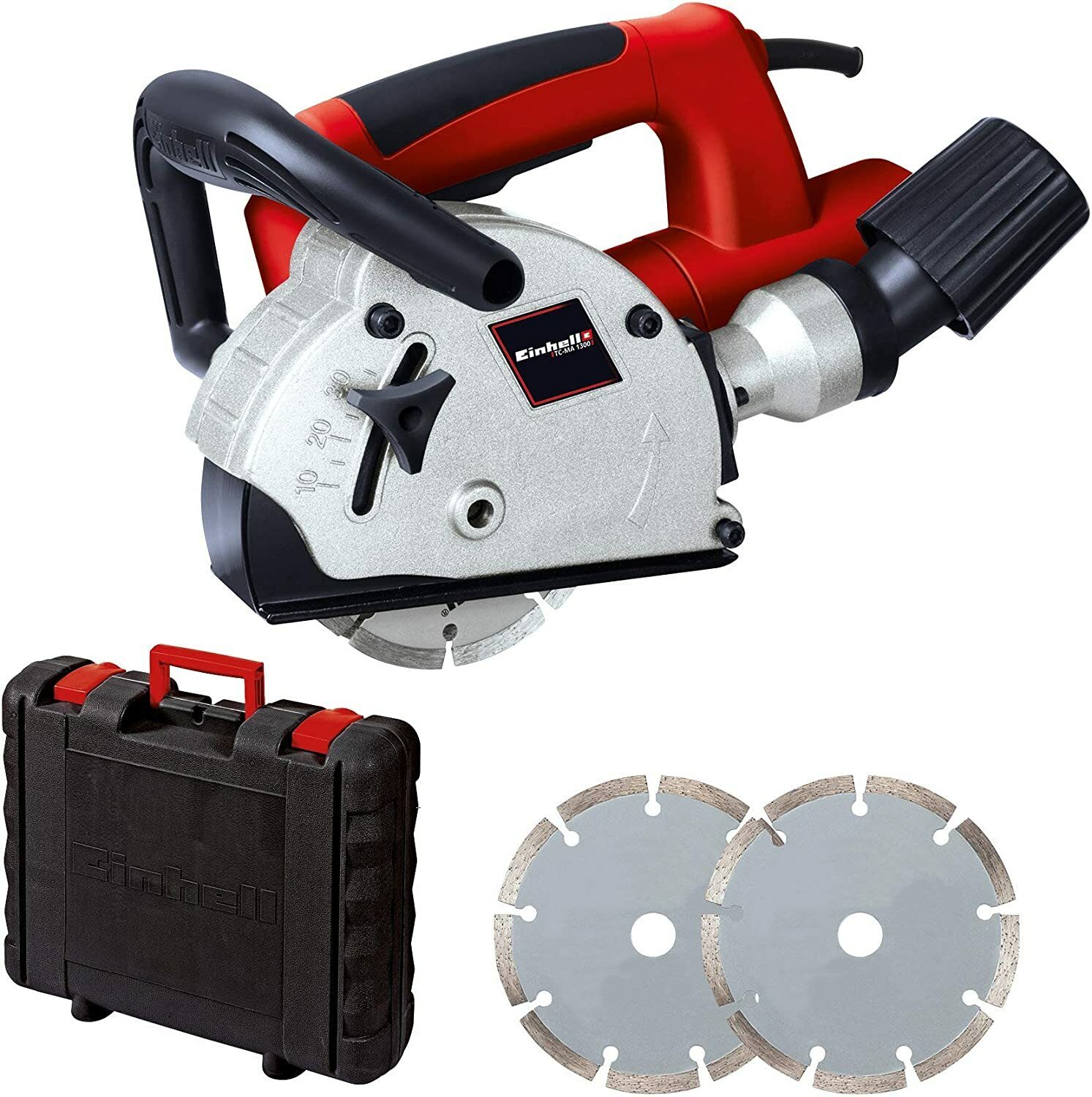 Frezarka ścienna Einhell TC-MA 1300 (1320 W, 9000 obr./min, głębokość rowka 8-30 mm, szerokość rowka 8-26 mm, odsysanie, blokada wrzeciona, zabezpieczenie przed przeciążeniem, w zestawie walizka transportowa, 2x diamentowe tarcze do cięcia)