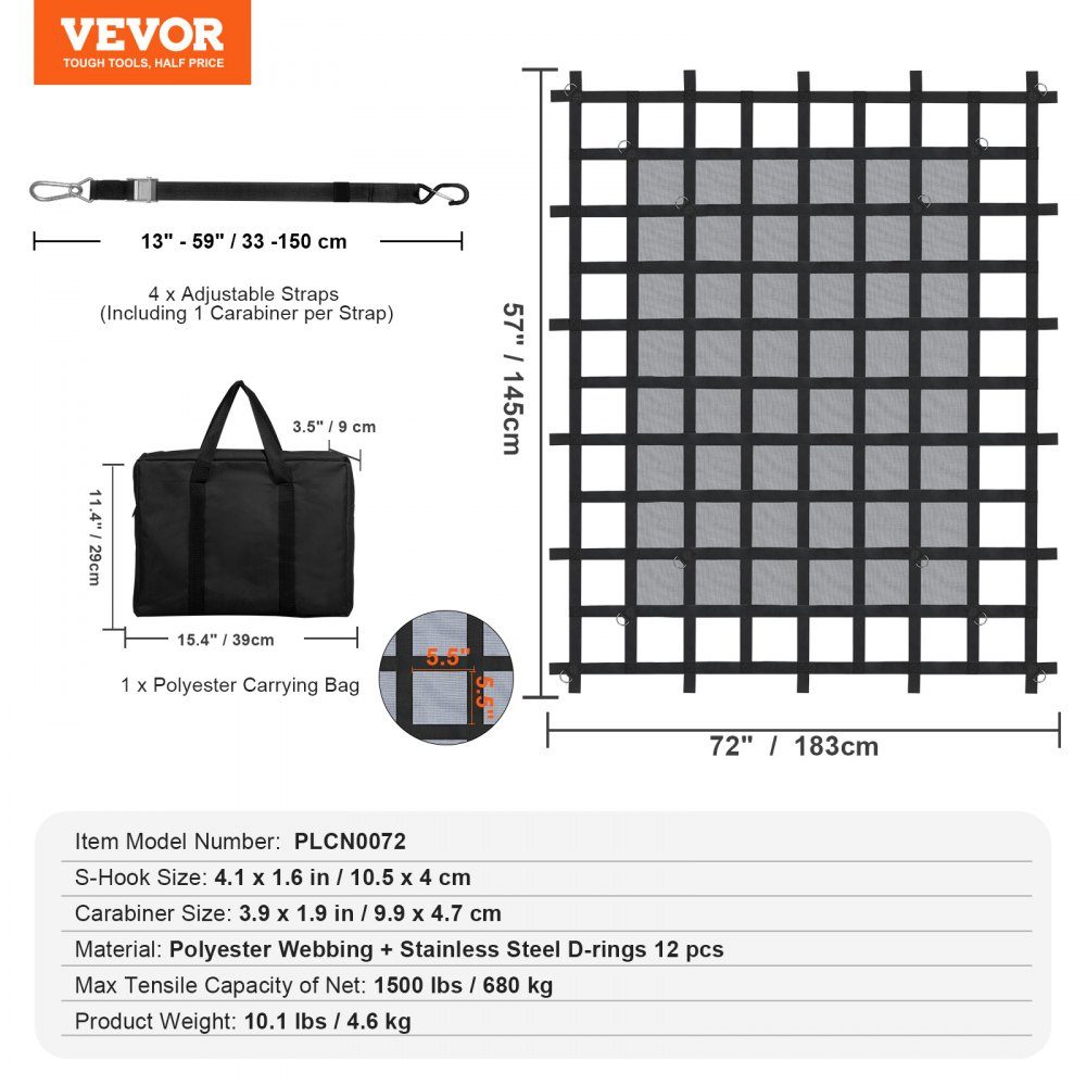Cargo Net, 183 x 145 cm, Truck Bed Net, 4 Adjustable Straps with Carabiners & S-Hooks, Transport Net Wear-Resistant & Weatherproof, Luggage Net Suitable for Pickup, Truck, Jeep, SUV, Boat