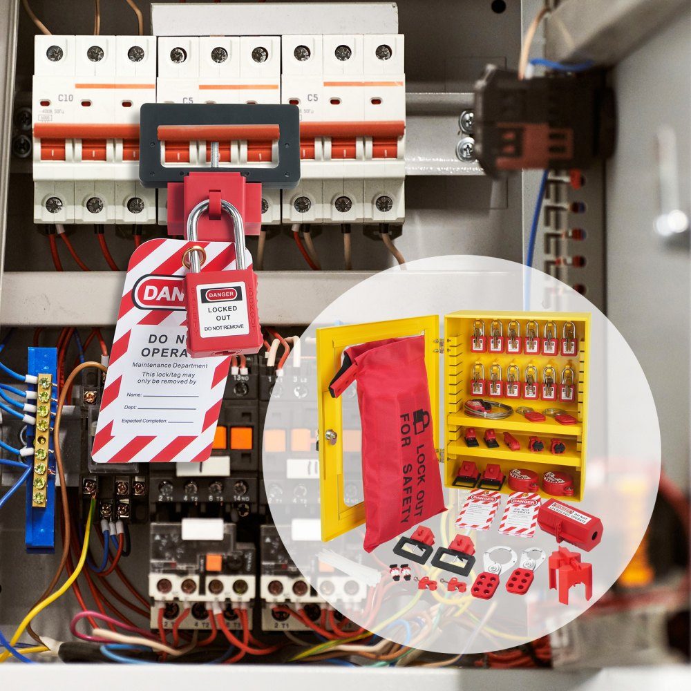 Electric Lockout Tagout Kit, 59 piece security lockout tagout set with padlocks, hasps, tags, cable ties, plug lock and circuit breaker latches