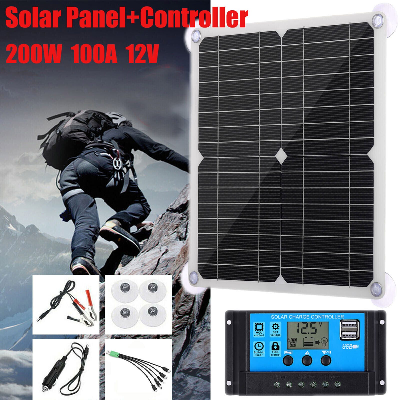Mobiles Solarpanel-Set, 200 W, 12 V, Solarpanels, Batterieladegerät, Controller für Wohnmobil-Camping, Wohnmobile, Wohnwagen und Wohnmobile
