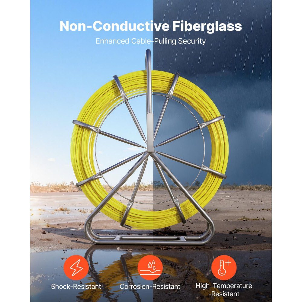 Fiberglass cable wheel 152 m Ø6.3 mm fiberglass rod, fish tape with stand, cable pulling aid with markings, cable threader, cable puller for walls & electrical installation pipes, non-conductive