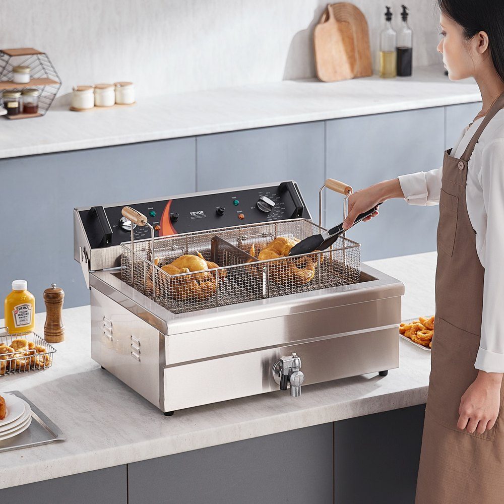 Commercial Deep Fryer, 2250W Electric Deep Fryer with Basket, 20L Large Capacity Countertop Oil Fryer, Stainless Steel, Temperature Control, for Kitchen Restaurant Use, Silver