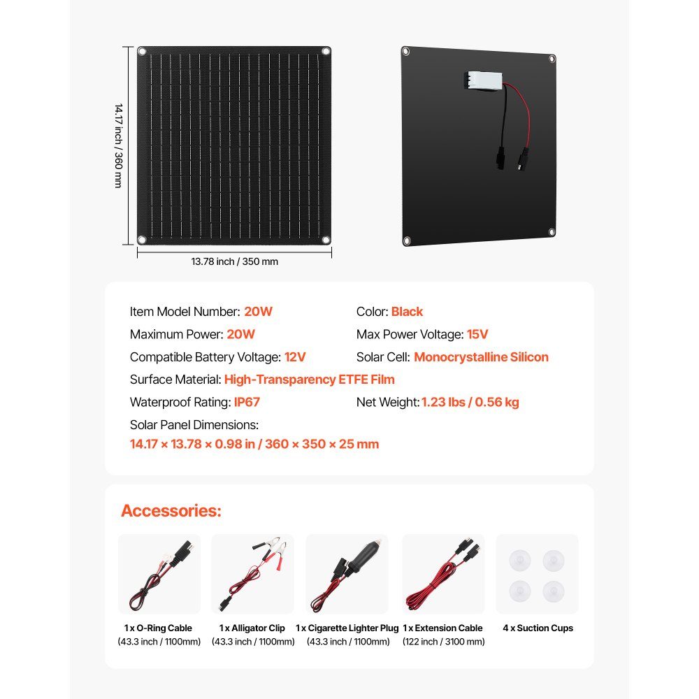 12V Monocrystal Solar Panel Kit 20W Battery Charger with Built-in Smart Controller and 3 Connection Cables Portable for RV, Car, Motorcycle, Boat, Van, Motorhome