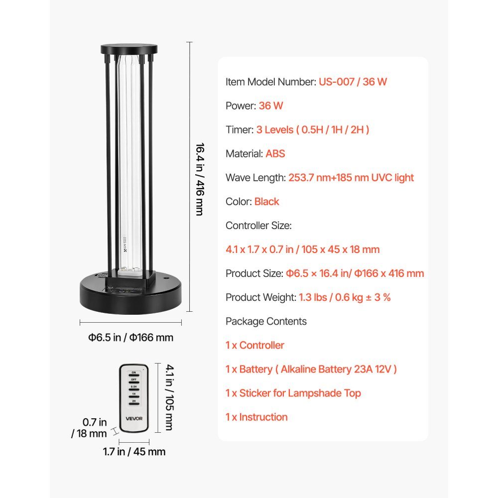 UV-licht 1 stuk 36W UV-lamp met ozonreiniger UVO-lamp met 30/60/120 minuten 3 snelheden timer en afstandsbediening voor woonkamer slaapkamer hotelschool zwart