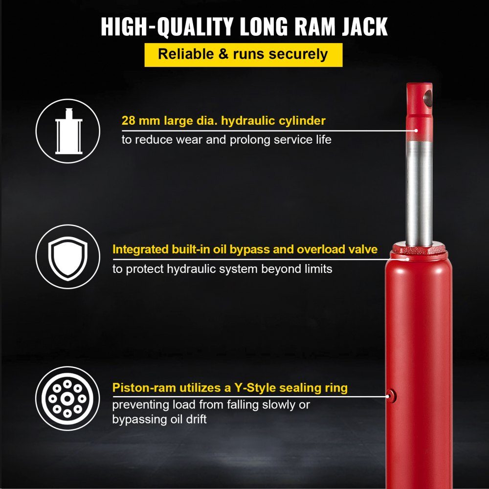 3T Capacity Hydraulic Long Ram Jack Single Piston Pump and Clevis Base Manual Elevating Platform Jack with Handle for Workshop Cranes Engine Hoists Red