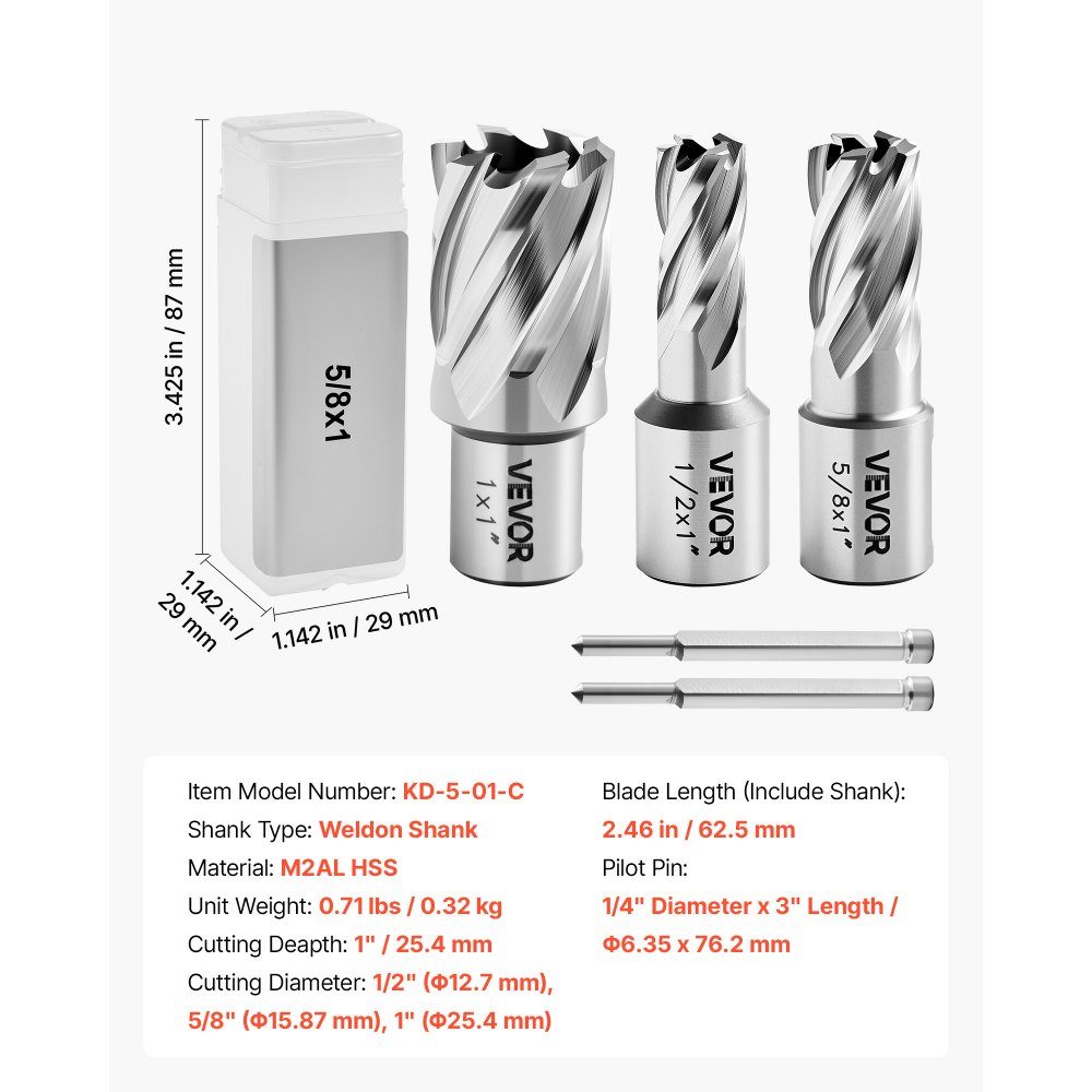 Carottier HSS Arbre Weldon 5 pièces. Diamètre de coupe 12,7/15,87/25,4 mm, 3 forets avec 2 broches de centrage, profondeur de coupe 25,4 mm, 3 boîtes en plastique, idéal pour les forets magnétiques en acier et aluminium