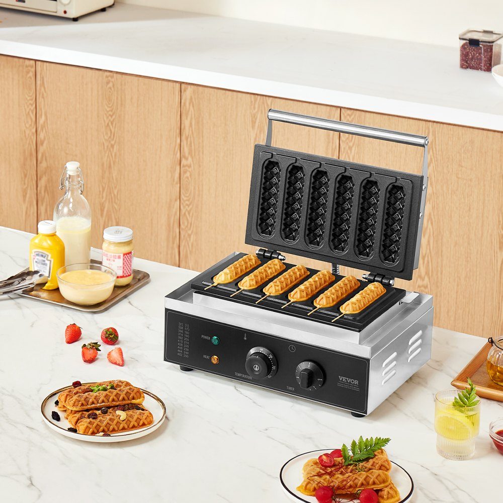 Commercial Waffle Iron Waffle Maker 6pcs 1500W Non-Stick Stainless Steel Corn Hot Dog Waffle Maker with Temperature and Time Control for Restaurant Bakery Snack Bar Family