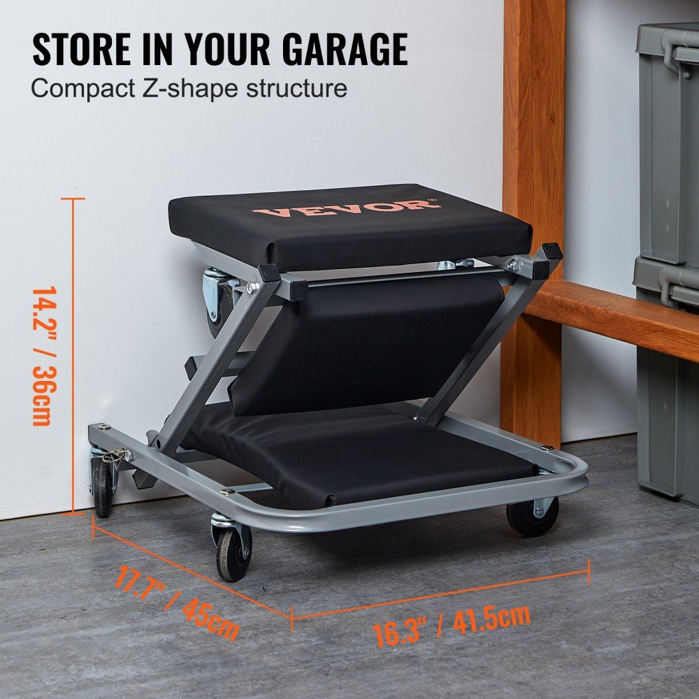 2 in 1 car workshop rolling board, workshop lounger, assembly lounger, workshop stool, 915 x 415 x 128 mm, assembly rolling board seat, steel + vinyl, 360° rotating wheels, folding seat, load capacity up to 136 kg, rolling lounger