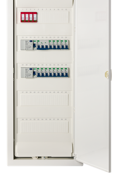 Armoire de compteurs, boîte à fusibles, boîte de distribution, sous-distribution d'alimentation de chantier Hager, paroi creuse encastrée, protection contre les surtensions, câblée Hager VU60NC