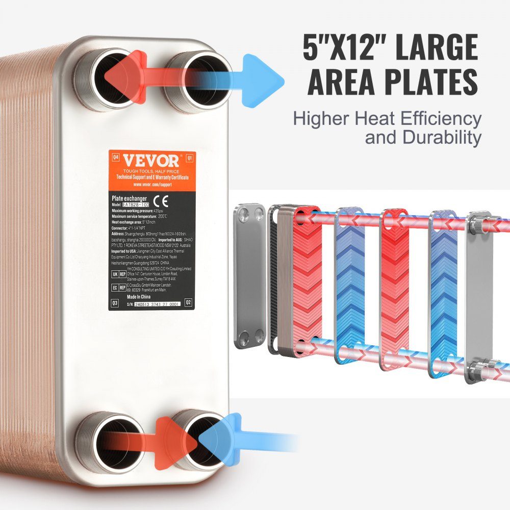 Échangeur de chaleur 127x305mm Échangeur de chaleur à plaques brasées à 80 plaques Cuivre/acier inoxydable 316L Échangeur de chaleur eau à eau pour chauffage par le sol Eau chaude Fonte de la neige Refroidissement de la bière