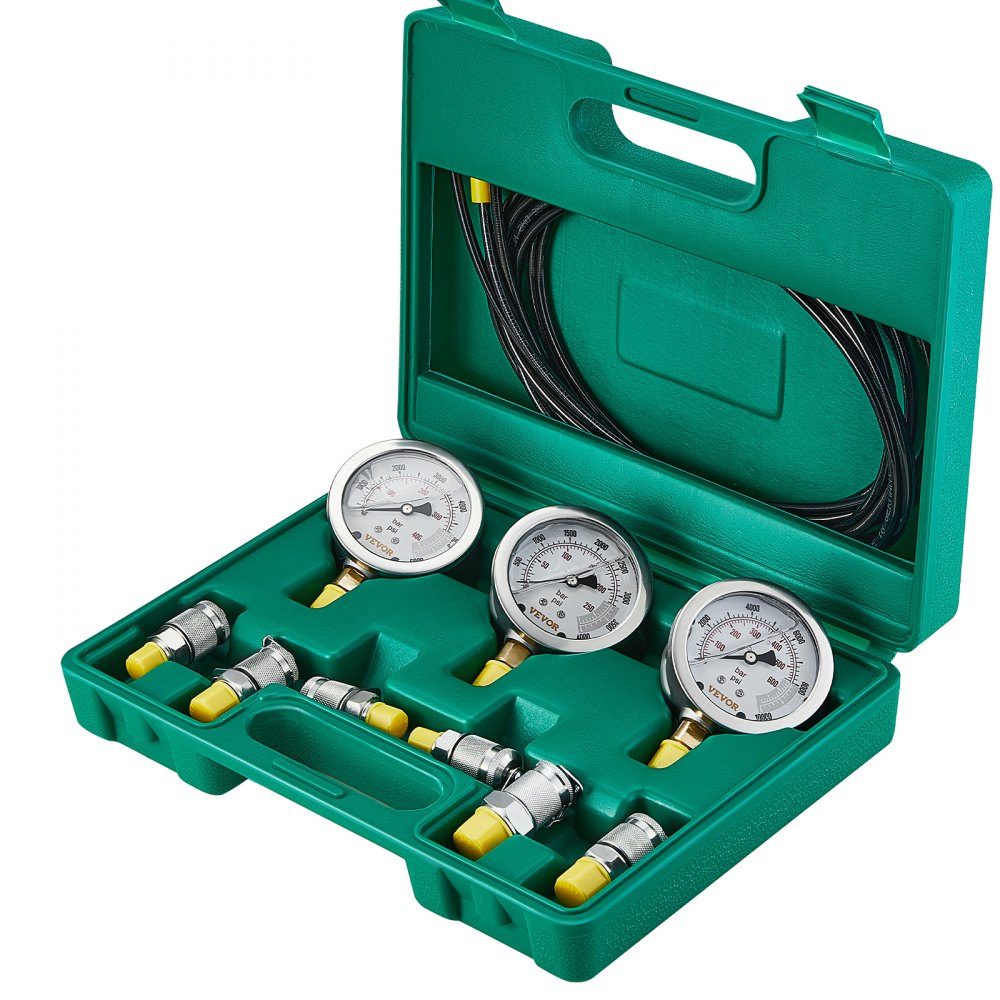 Hydraulic Pressure Test Kit, 250/400/600 Bar, 3 Gauges, 6 Test Couplings, 3 Test Hoses, Excavator Hydraulic Test Gauge Set with Portable Carry Bag for Excavators, Tractors, Construction Machinery