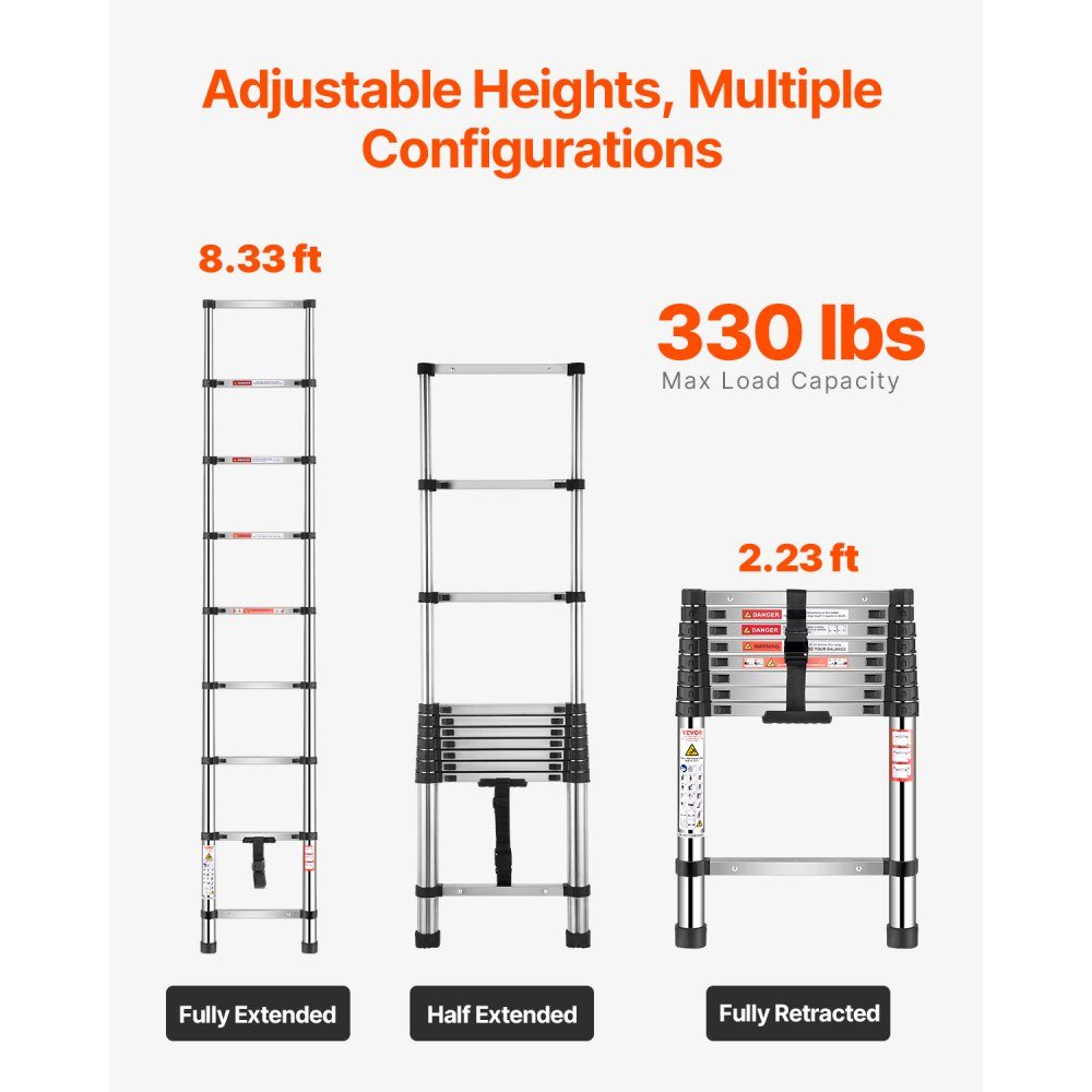 Telescopische ladder, 100 inch lange roestvrijstalen verlengladder, vouwladder met 150 kg laadvermogen (75 °) en antislipvoeten, draagbare 9-staps ladder voor thuis, camper, zolder