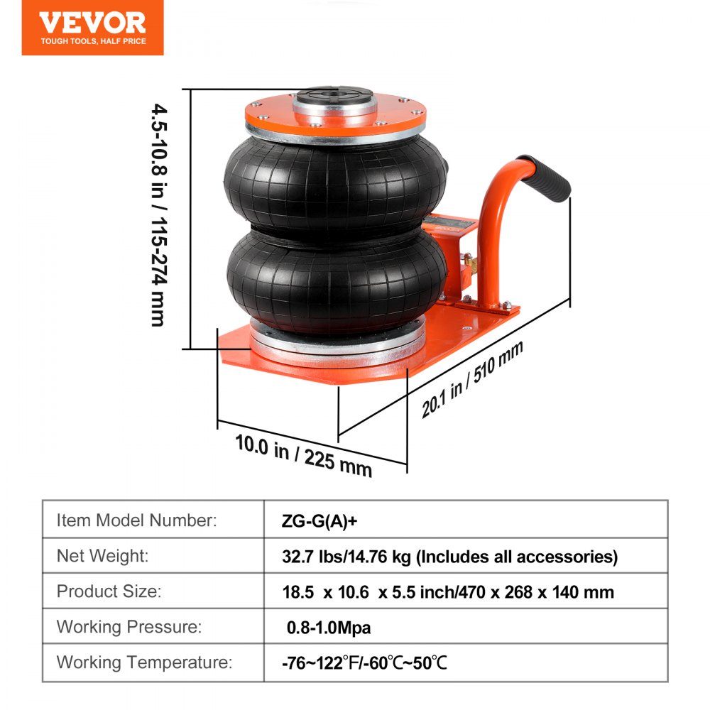 Pneumatic car jack Air Jack adjustable 3 t with raised column, easy to lift and space-saving car jack with thick rubber pad and short handle, for sedan SUV pickup