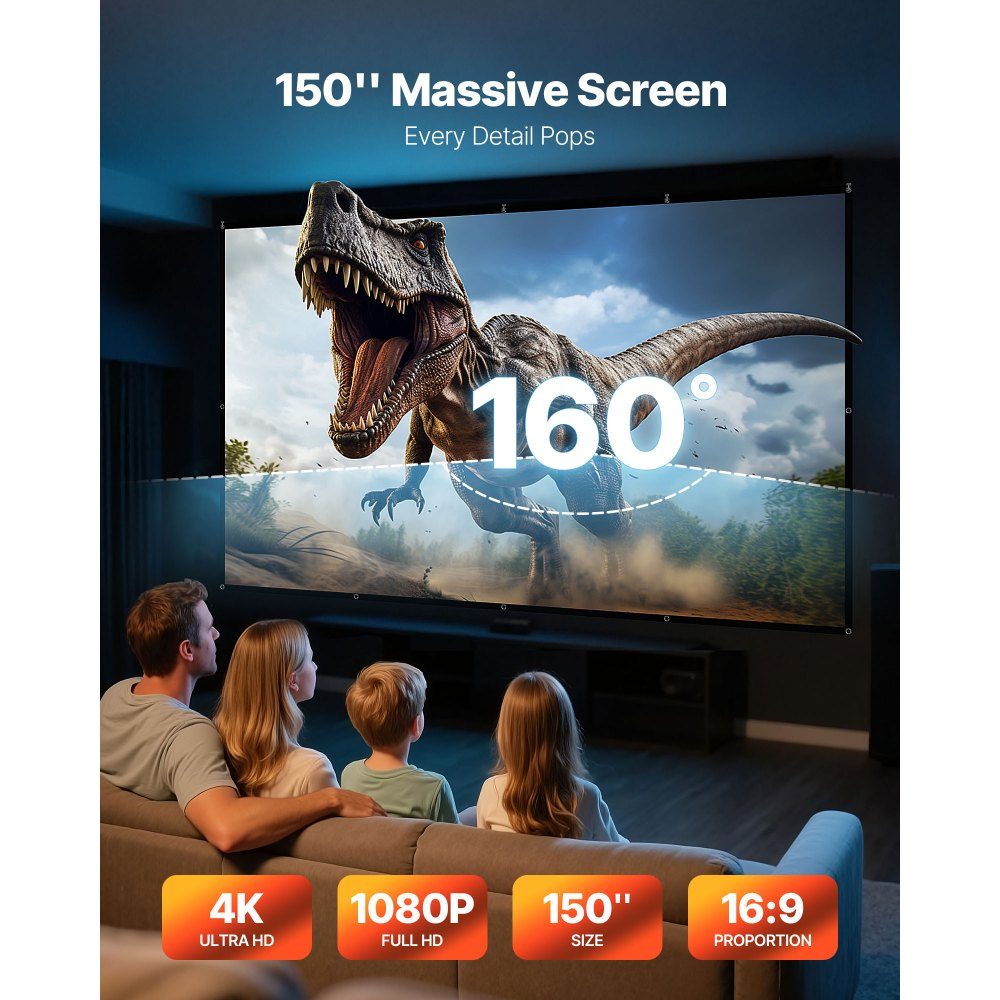 Manual Projection Screen, 150" 16:9 4K 1080 HD Wall Mounted Projection Screen with 12 Hooks and Double Sided Tapes, Movie Projection for Home Theater