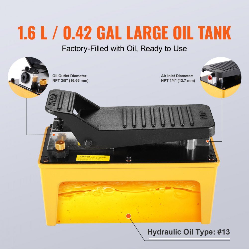 10.000 PSI Lufthydraulikpumpe, 1,6 l Öltank, NPT 3/8" Ölauslass, NPT 1/4" Einlass, luftbetriebene Fußpumpe mit Aluminiumgehäuse, für Autoreparaturrahmenmaschine und hydraulische Presse