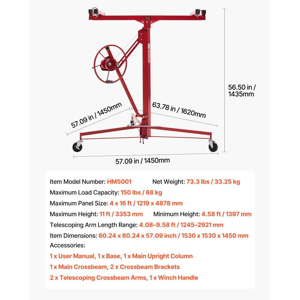 Plattenheber bis max. 68 kg, 3353 mm Höhe, Gipskartonheber mit verstellbarem Teleskoparm, Gipskarton, Trockenbauheber, Plattenheber, Hebezeug, Werkzeug, für Decken- und Wandmontage (rot) Plattenheber bis max. 68 kg, 3353 mm Höhe, Gipskartonheber mit verstellbarem Teleskoparm, Gipskarton, Trockenbauheber, Plattenheber, Hebezeug, Werkzeug, für Decken- und Wandmontage (rot)