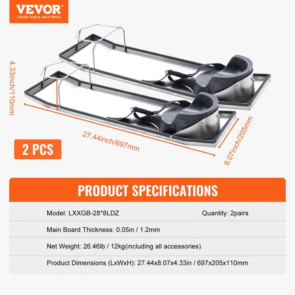 Concrete Kneeboards 70x20cm Sliding Kneeboards Stainless Steel Kneeboard Concrete Gliders 2 Pairs of Movable Glides with Concrete Knee Pads and Board Straps for Cement and Concrete Processing
