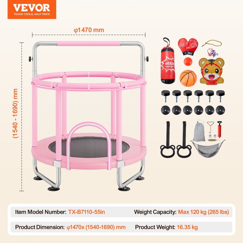 Kindertrampolin, Mini-Freizeittrampolin 147 cm, für Kleinkinder, verstellbar, mit Sicherheitsnetz & Basketballkorb, Geburtstagsgeschenk, Weihnachtsspielzeug für Kinder ab 3 Jahren, Rosa