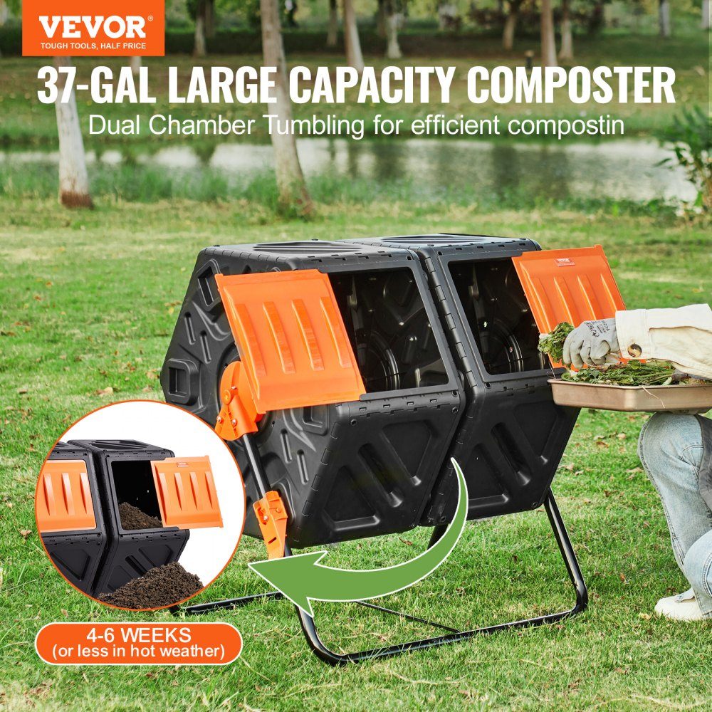 Trommelcomposter 140 L, trommelcomposter roterende dubbelkamer-trommelcomposter 785 x 605 x 795 mm, 40 kg zware tuincomposter incl. handschoenen