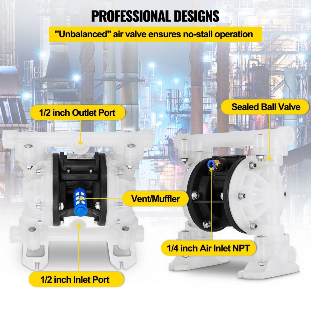 Compressed air double diaphragm pump 26.5 l/min with 1.27 cm inlet and outlet