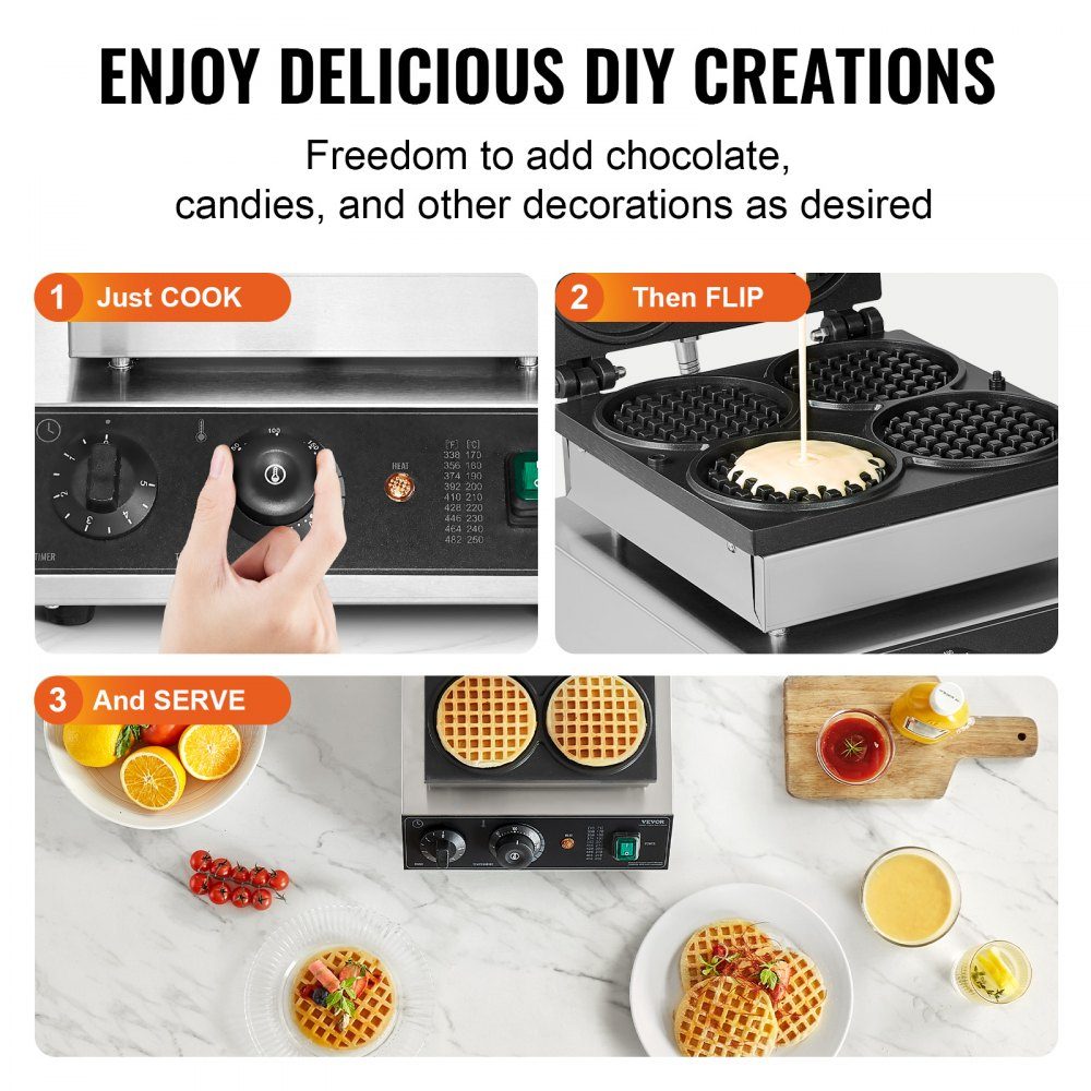 Commercial Waffle Maker Waffle Maker 1750W Non-Stick Stainless Steel Belgian Waffle Maker with Temperature and Time Control for Restaurant Bakery Snack Bar 4 Round Waffles