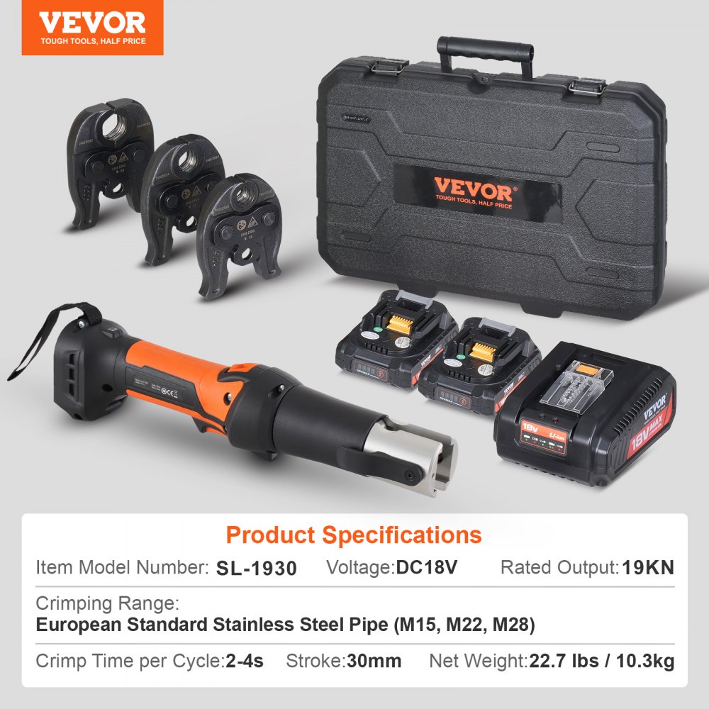 Ensemble d'outils de pressage et de batterie, pince à presser les tuyaux, outil de sertissage de tuyaux électrique avec mâchoires M15, M22, M28, ensemble d'outils de pressage avec 2 batteries 18 V 2,0 Ah, chargeur rapide et sac de transport