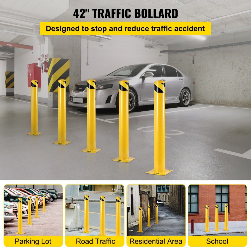 Słupki zabezpieczające, słupki stalowe, 42" H, 4,5" D, znaki żółte, bariera z rur stalowych