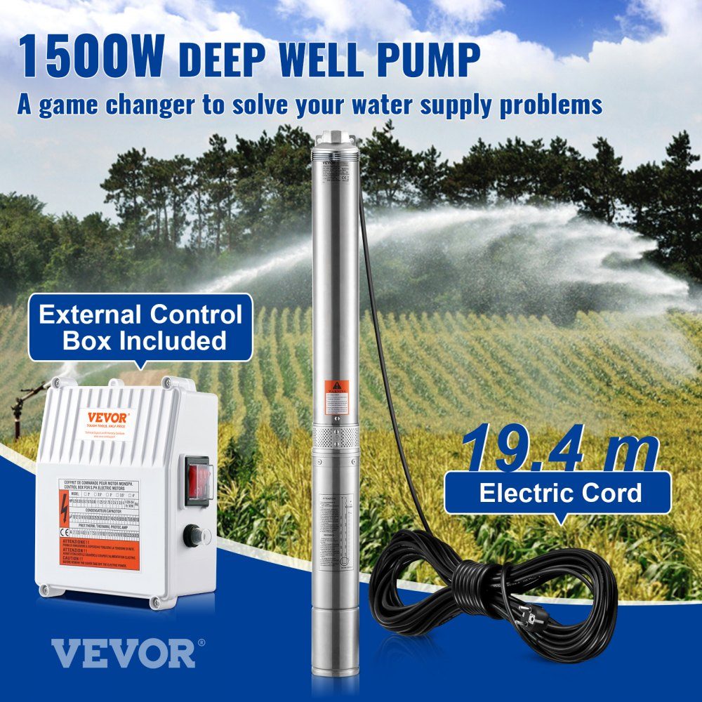Pompe submersible pour puits profond 1500 W 230 V 60 Hz 9,8 m3/h Tête de 108 m avec câble de 19,4 m et boîtier de commande externe Pompes à eau en acier inoxydable pour l'irrigation industrielle à usage domestique IP68 étanche – Réf. HT-24542