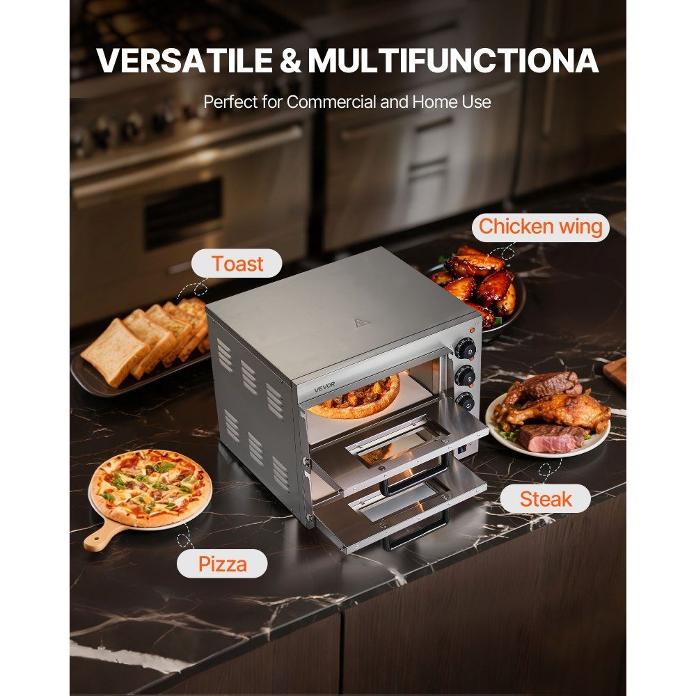 Commercial Countertop Pizza Oven, 14 Inch Double Decker Layer Stainless Steel Electric Pizza Oven with Stone and Handle, Multipurpose Indoor Pizza Machine for Baking Pretzels in Restaurant at Home