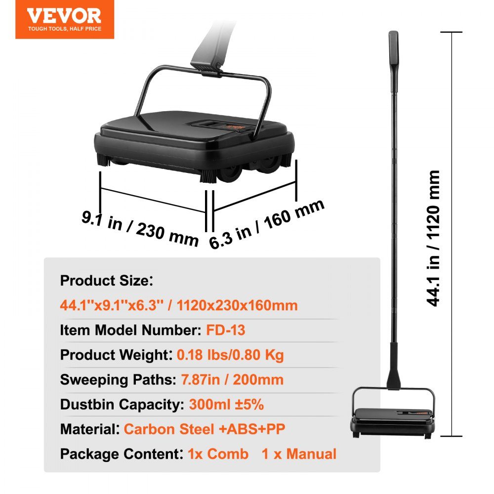 Carpet Sweeper, Manual Floor Cleaner, 200mm for Cleaning Carpets and Hard Floors, Pet Fur Remover, Brush Comb for Removing Dirt/Hair without Electricity