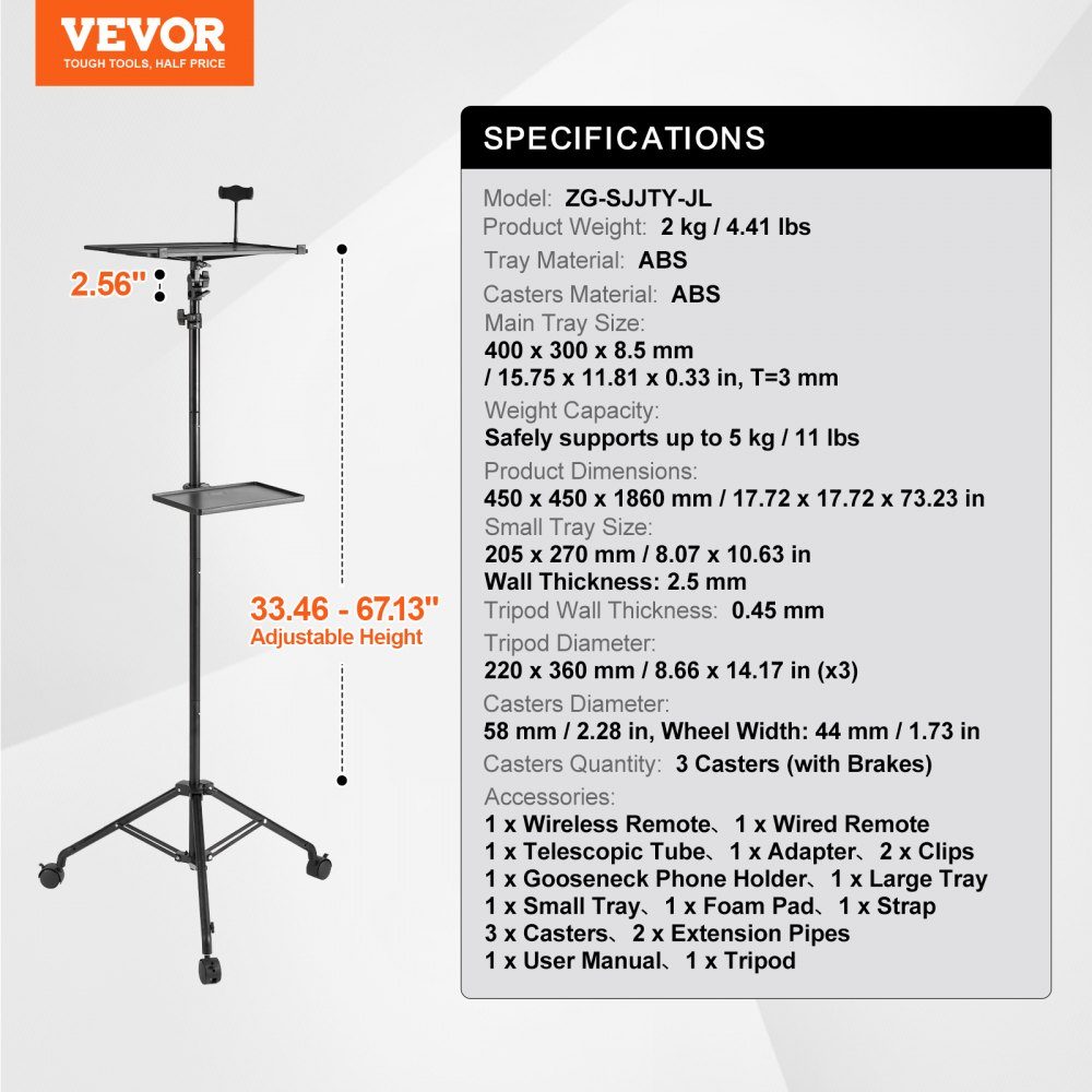 Projectorstandaard met wielen, laptopstandaard, statief, in hoogte verstelbaar van 795 tot 1710 mm, projectorstatief met 2 planken en zwanenhals telefoonhouder, buiten/kantoor/studio, thuis