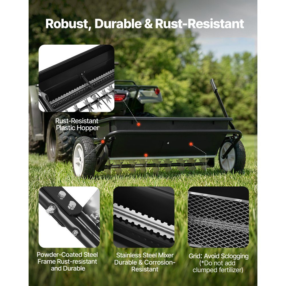 Anhänger-Rasenbelüfter 81 cm Streubreite, Streuer mit Universalkupplung, Gartensämaschine & Bodenbelüfter mit 45 kg Fassungsvermögen & 10 Zoll Rädern, Vertikutierer für ATVs & UTVs