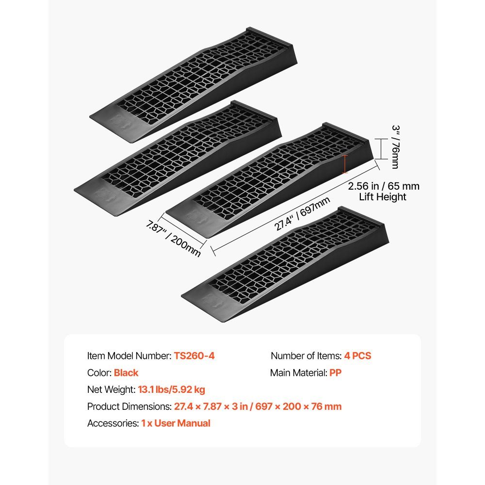 Car Ramps, 4 Pack, 65mm Lifting Height, Portable & Flat Car Service Ramps for Workshop Maintenance & Oil Change & Low Chassis Vehicles, 9072kg Heavy Duty Ramp Aid