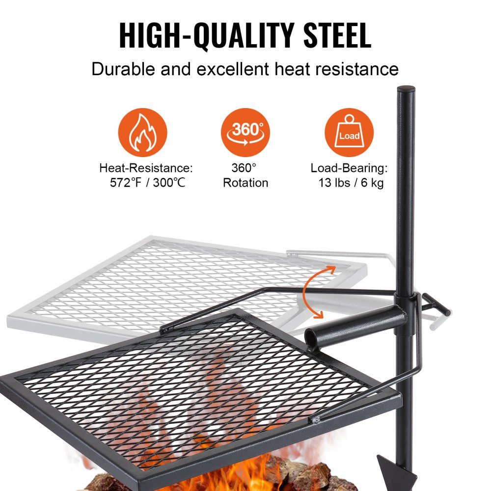 Rôtissoire en acier gril pivotant 405x405mm gril à charbon de bois support de gril portable support de gril 6 kg capacité de charge 300 ℃ gril à rôtir autoportant barbecue grill chariot barbecue camping
