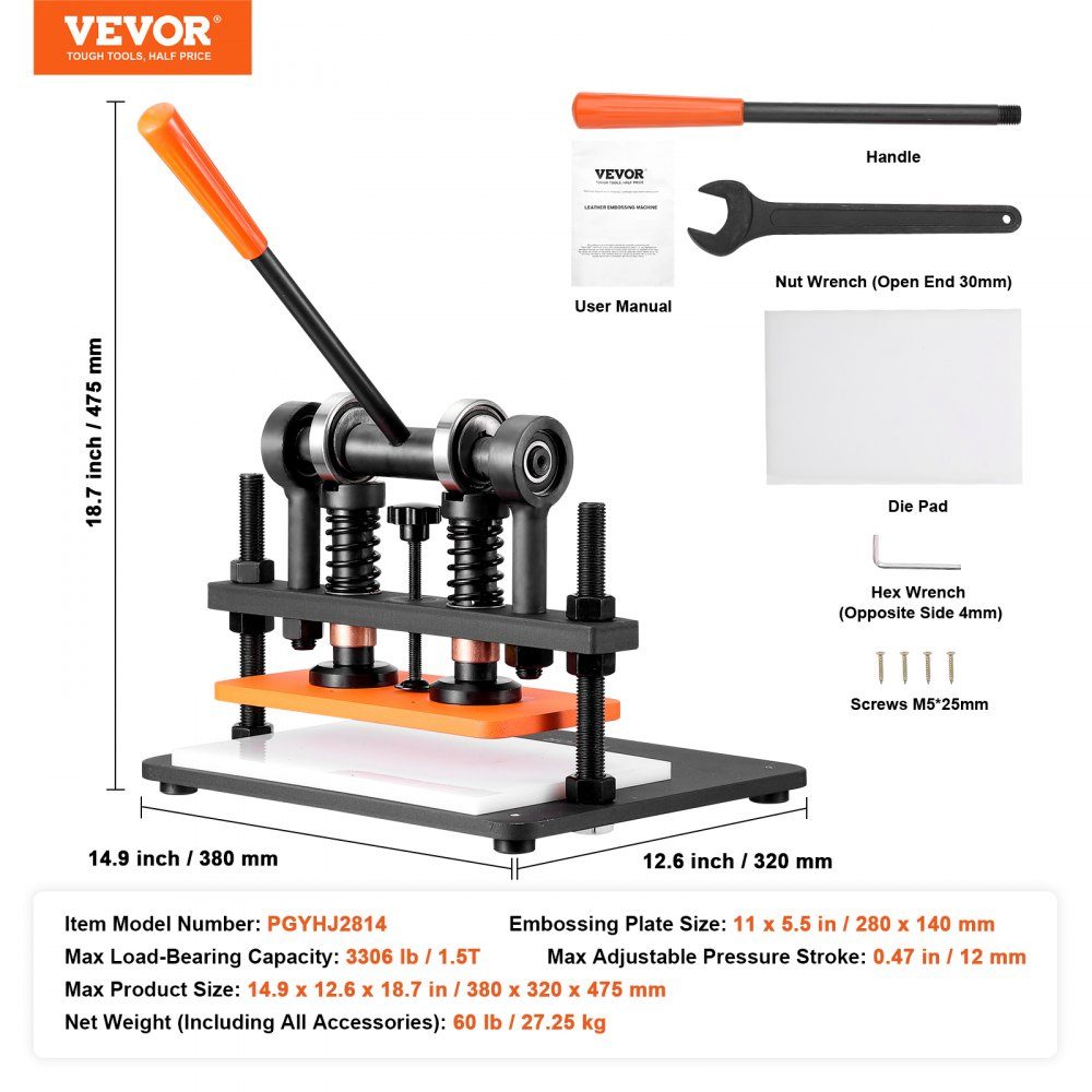 Leather Punching Machine Manual Leather Cutting Machine 28x14cm, Leather Embossing Machine 1.5t Heavy Duty Leather Punching Machine Suitable for leather, PVC/EVA foam, non-adhesive materials