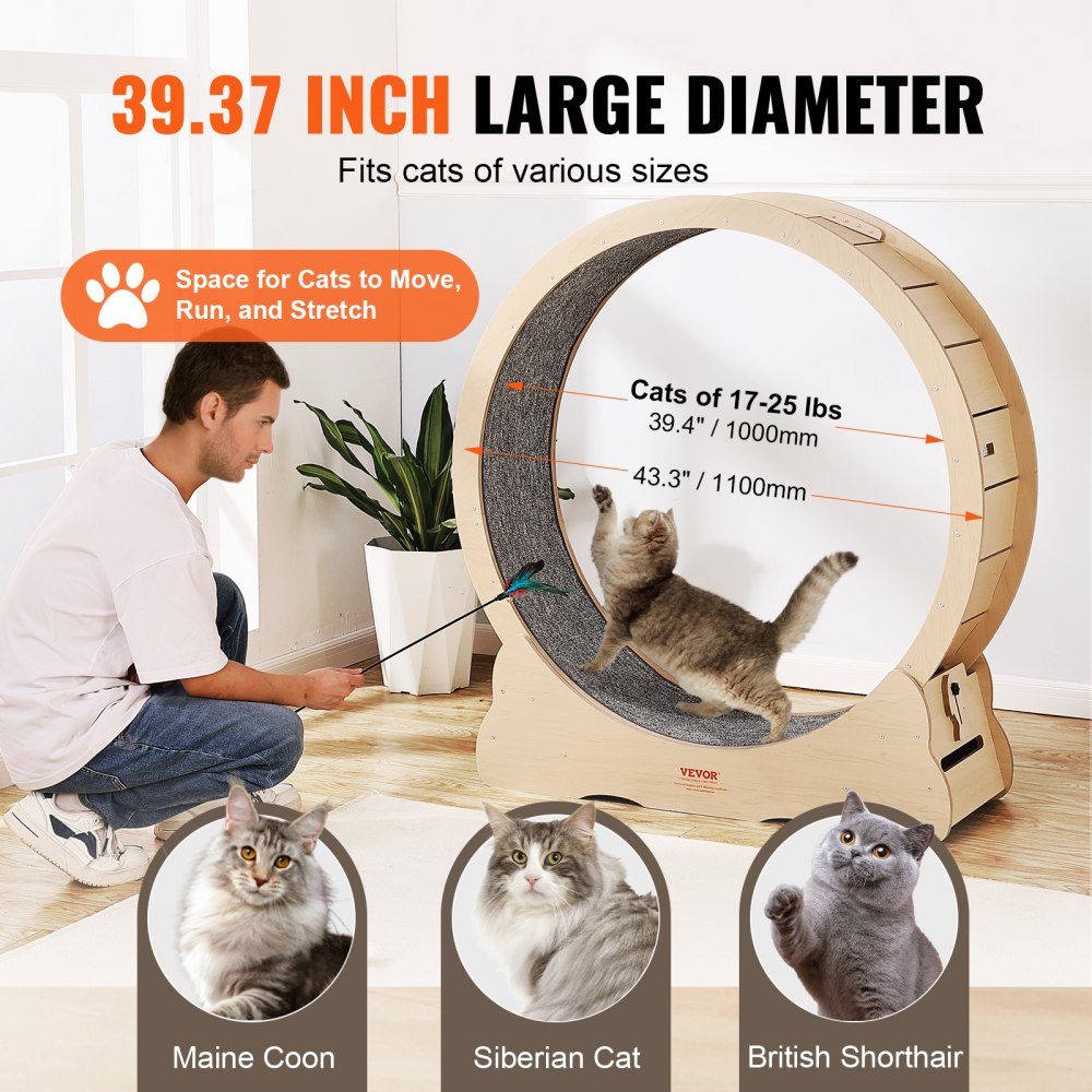 Vélo d'appartement pour chat Tapis de course pour chat de 1 100 mm avec tapis de course amovible Teaser pour la course à pied et l'entraînement à la marche Convient à la plupart des chats jusqu'à 25 livres Vélo d'appartement pour chat Couleur bois