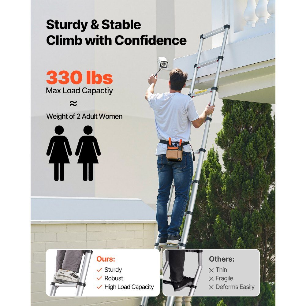 Teleskopleiter 3740 mm, Alu-Klappleiter mit Einhand-Einzug, Mehrzweckleiter, belastbar bis 150 kg, Trittleiter, Haushaltsleiter, Außenleiter, für Haus, Garten & Dachboden