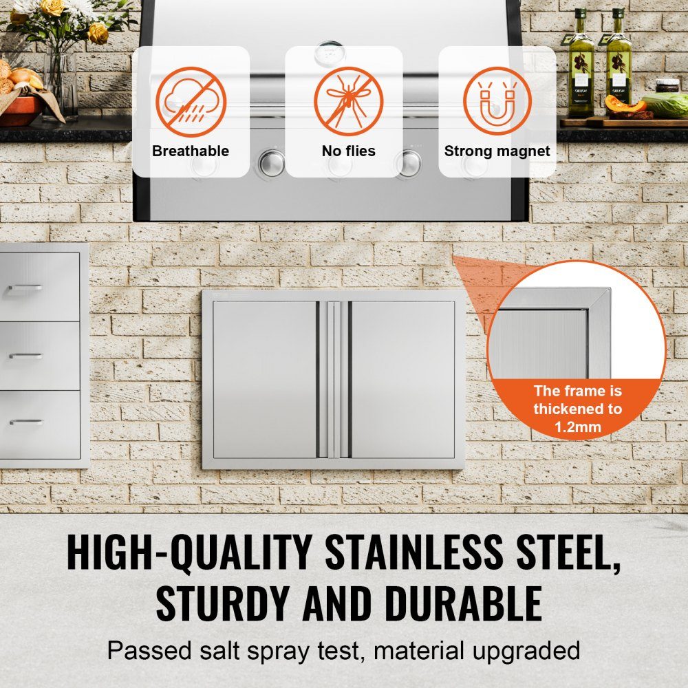 Porte d'accès au gril 710x482mm Double porte de cuisine extérieure encastrée en acier inoxydable, porte murale verticale avec poignées rétractables pour Grill Island Grill Station armoire extérieure